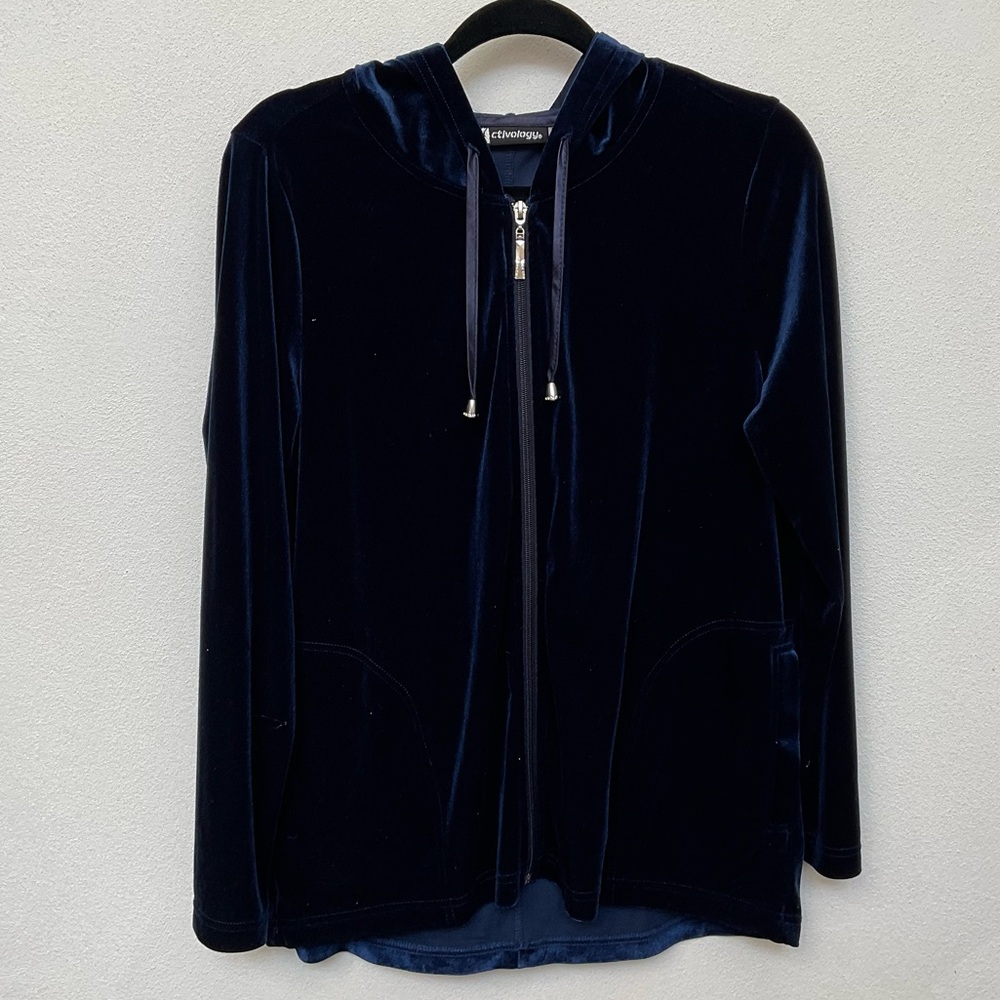 Activology Navy Blue Velour Full Zip Hooded Jacket Size Med Athleisure Comfy